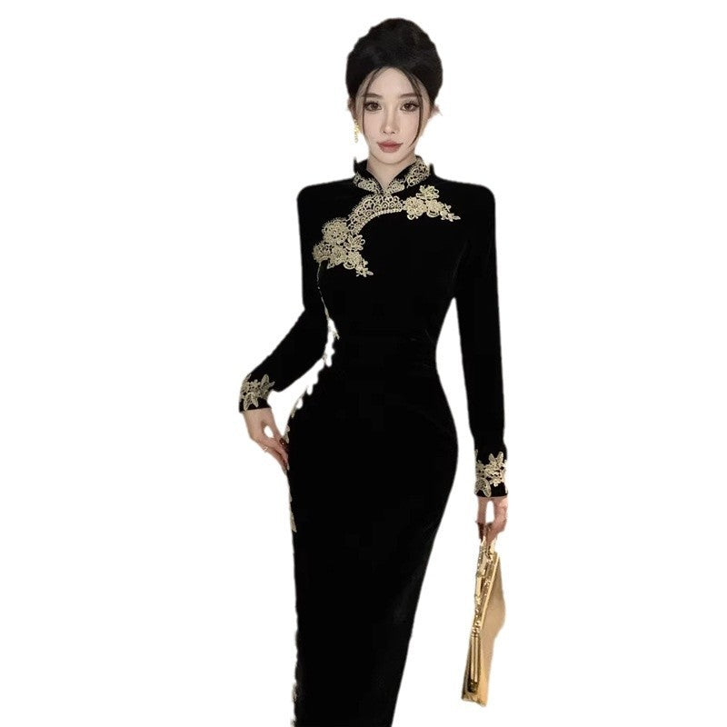 Chinese Lace Patchwork Slit Cheongsam Velvet Dress