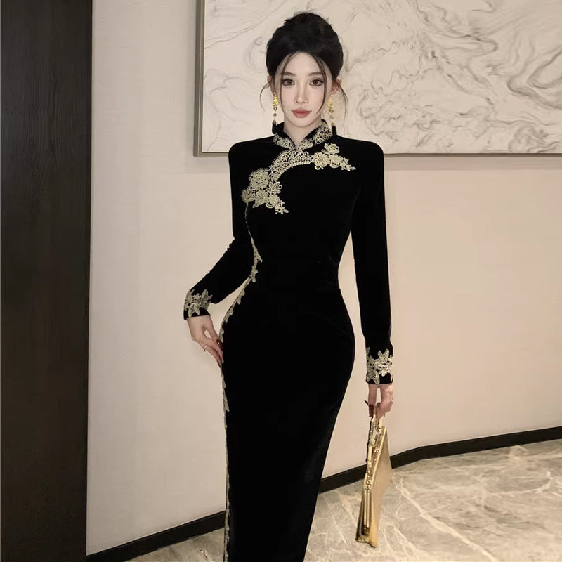 Chinese Lace Patchwork Slit Cheongsam Velvet Dress